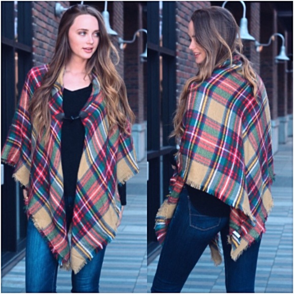 Flannel Plaid Poncho Scarf Wrap Toggle - Picture 6 of 8